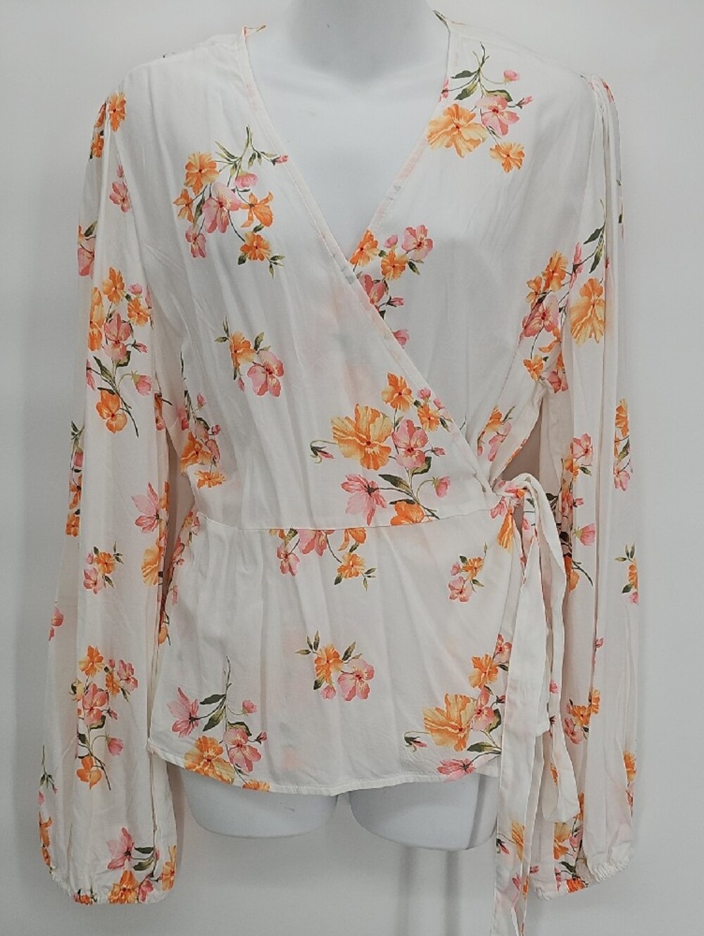 Long Sleeve Wrap Blouse Pink and Orange Floral Accents Womens Large